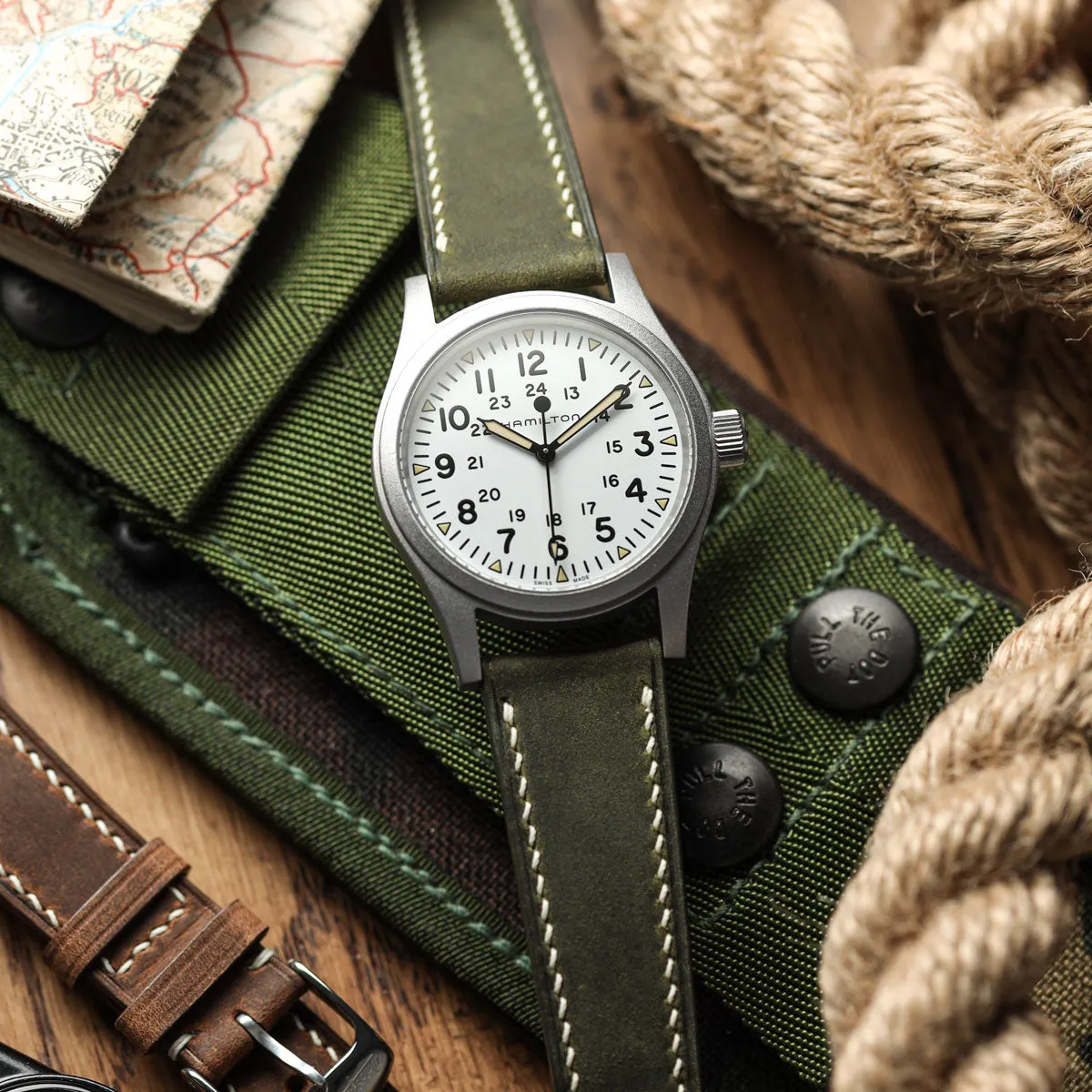 German Hand-Stitched Crazy Horse Leather Watch Strap - Olive Green