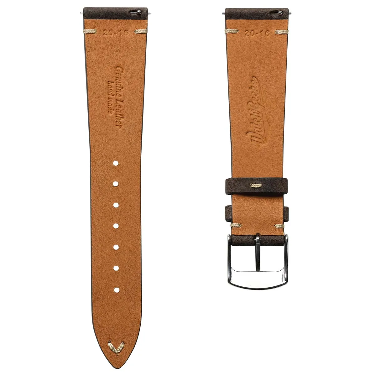 German V-Stitch Crazy Horse Leather Watch Strap - Dark Brown