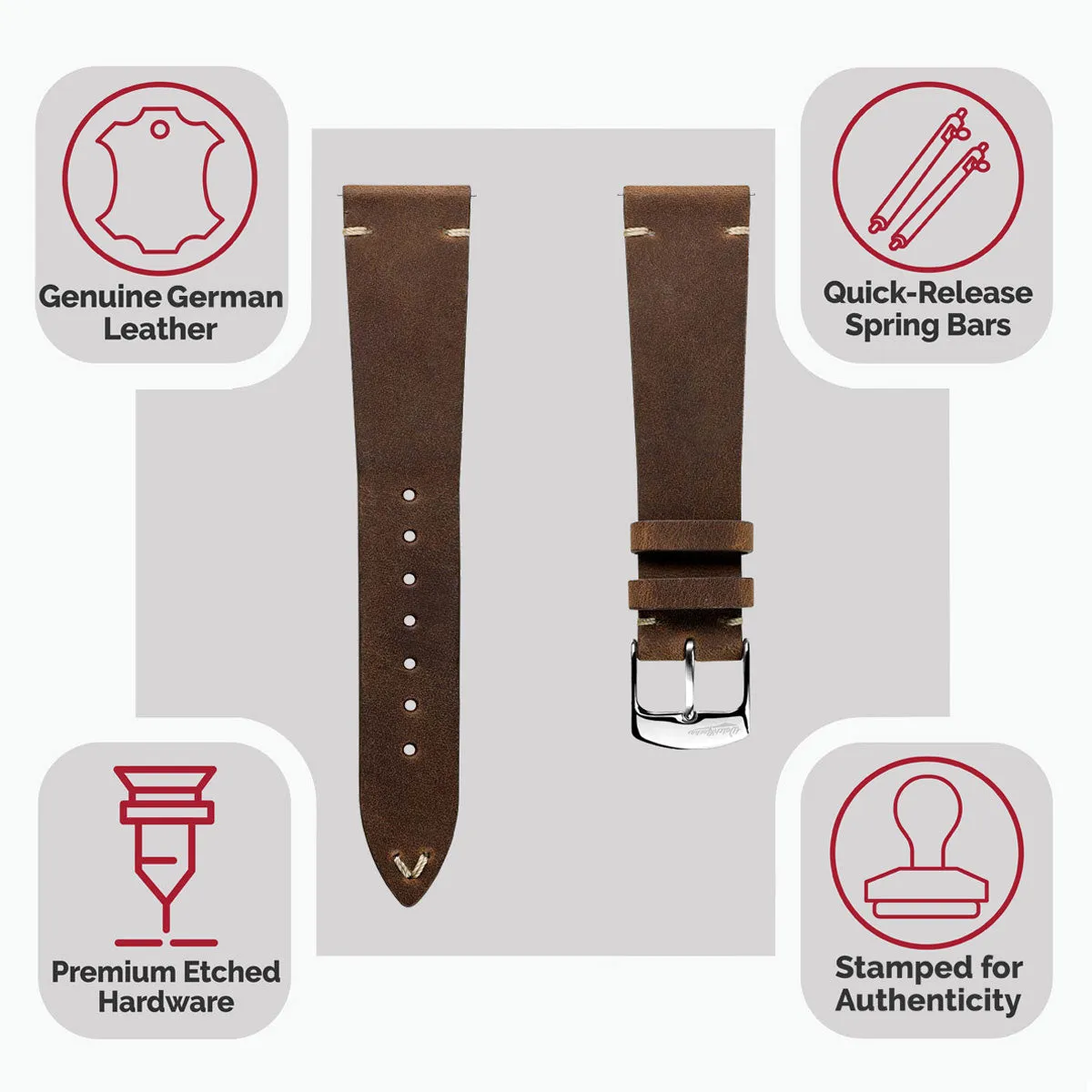 German V-Stitch Crazy Horse Leather Watch Strap - Light Brown