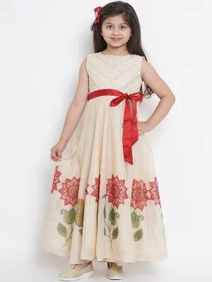 Girl's Beige Printed Maxi Dress  - NOZ2TOZ KIDS