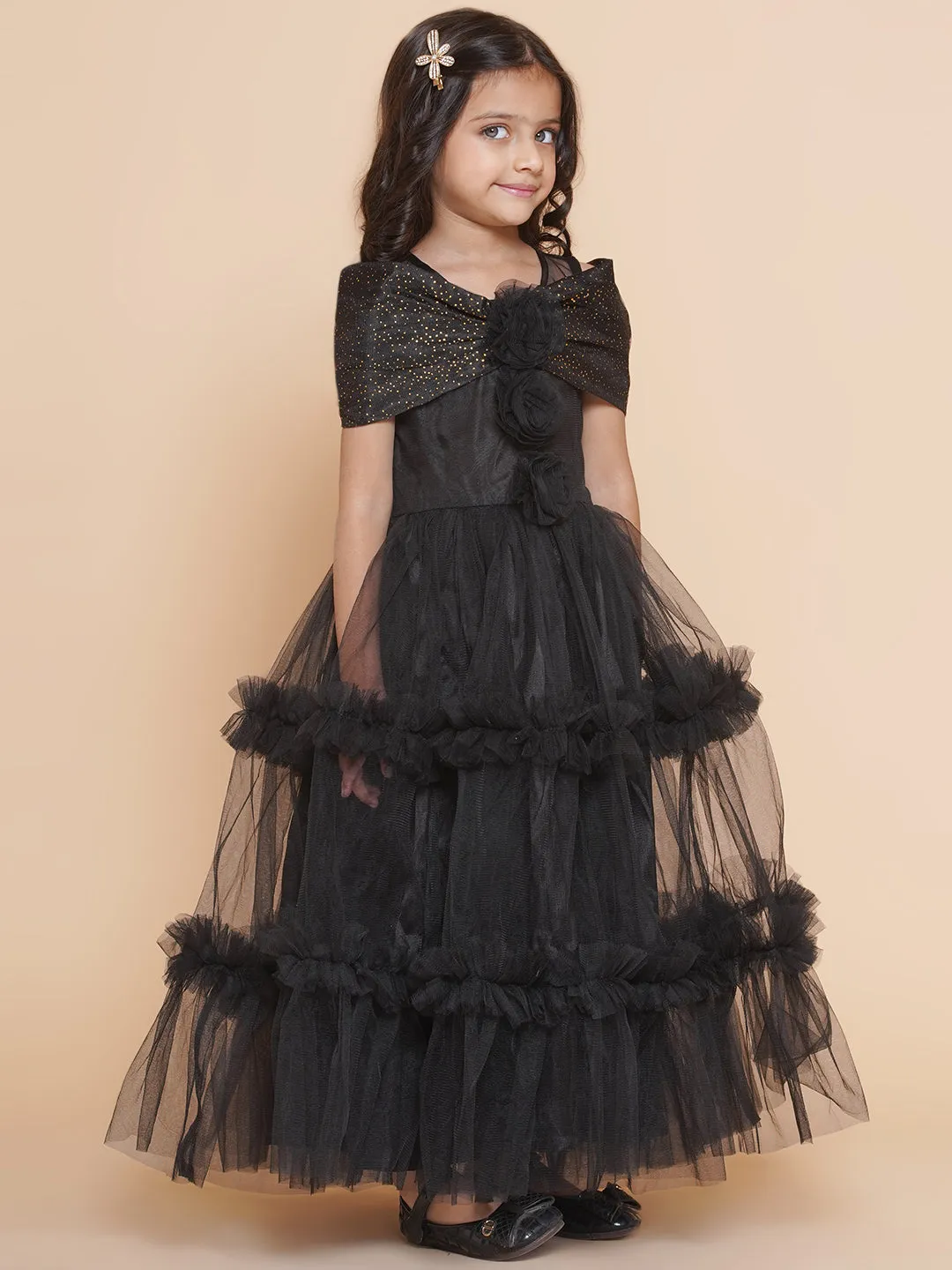 Girls Black Net Embellished Fit & Flared Maxi Dress.