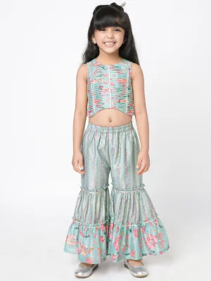 Girls Golden Weaves Blue Crop Top With Palazzo Co-Ordinate Set - Lil Drama