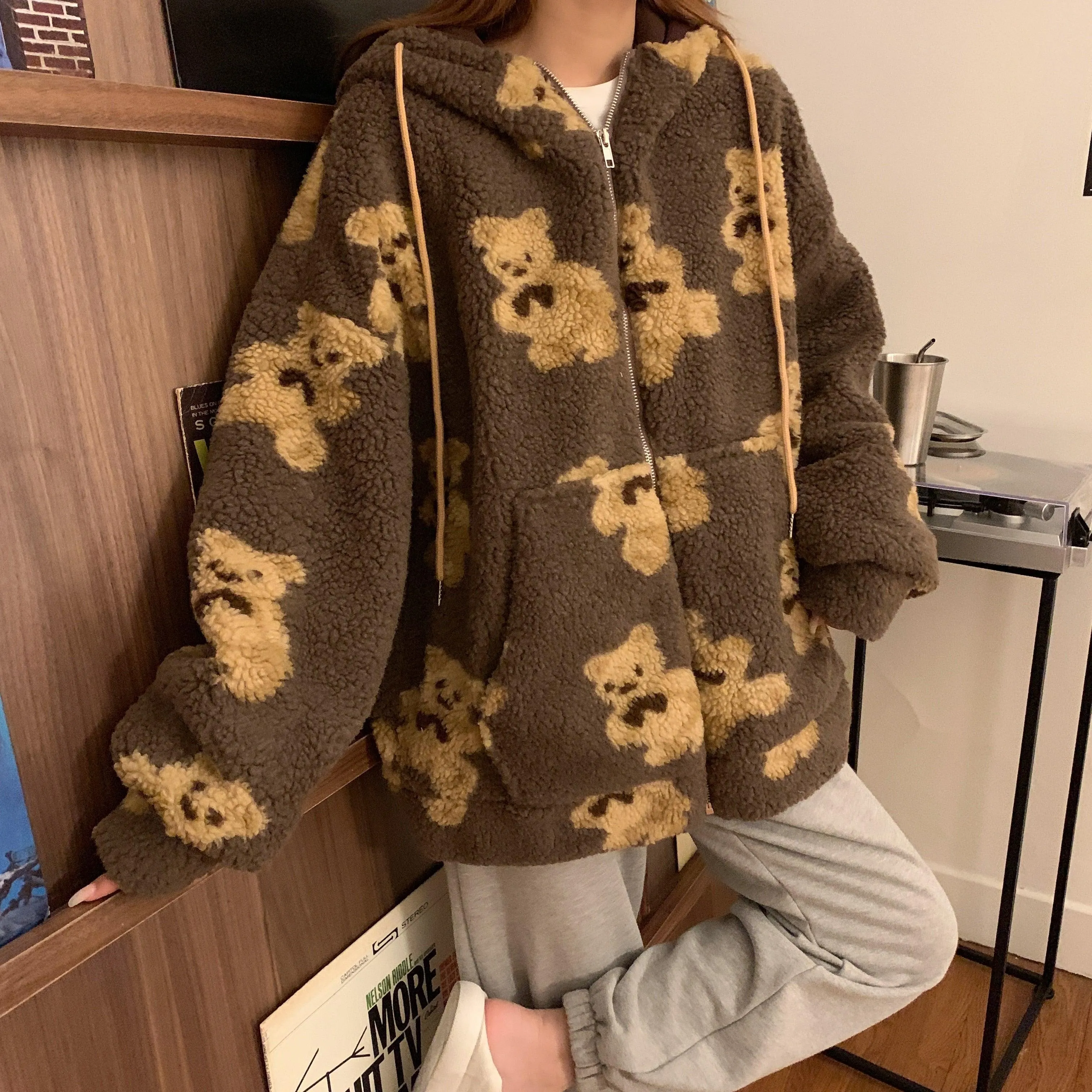 Girls Teddy Bear Zipped Fleece Fluffy Winter Women's Coat Cute Kawaii Cotton Rich Anime Cold Warm Thick Gift Teddy Jacket