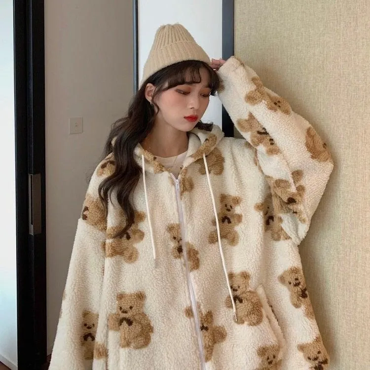 Girls Teddy Bear Zipped Fleece Fluffy Winter Women's Coat Cute Kawaii Cotton Rich Anime Cold Warm Thick Gift Teddy Jacket