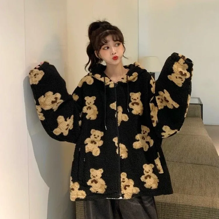 Girls Teddy Bear Zipped Fleece Fluffy Winter Women's Coat Cute Kawaii Cotton Rich Anime Cold Warm Thick Gift Teddy Jacket