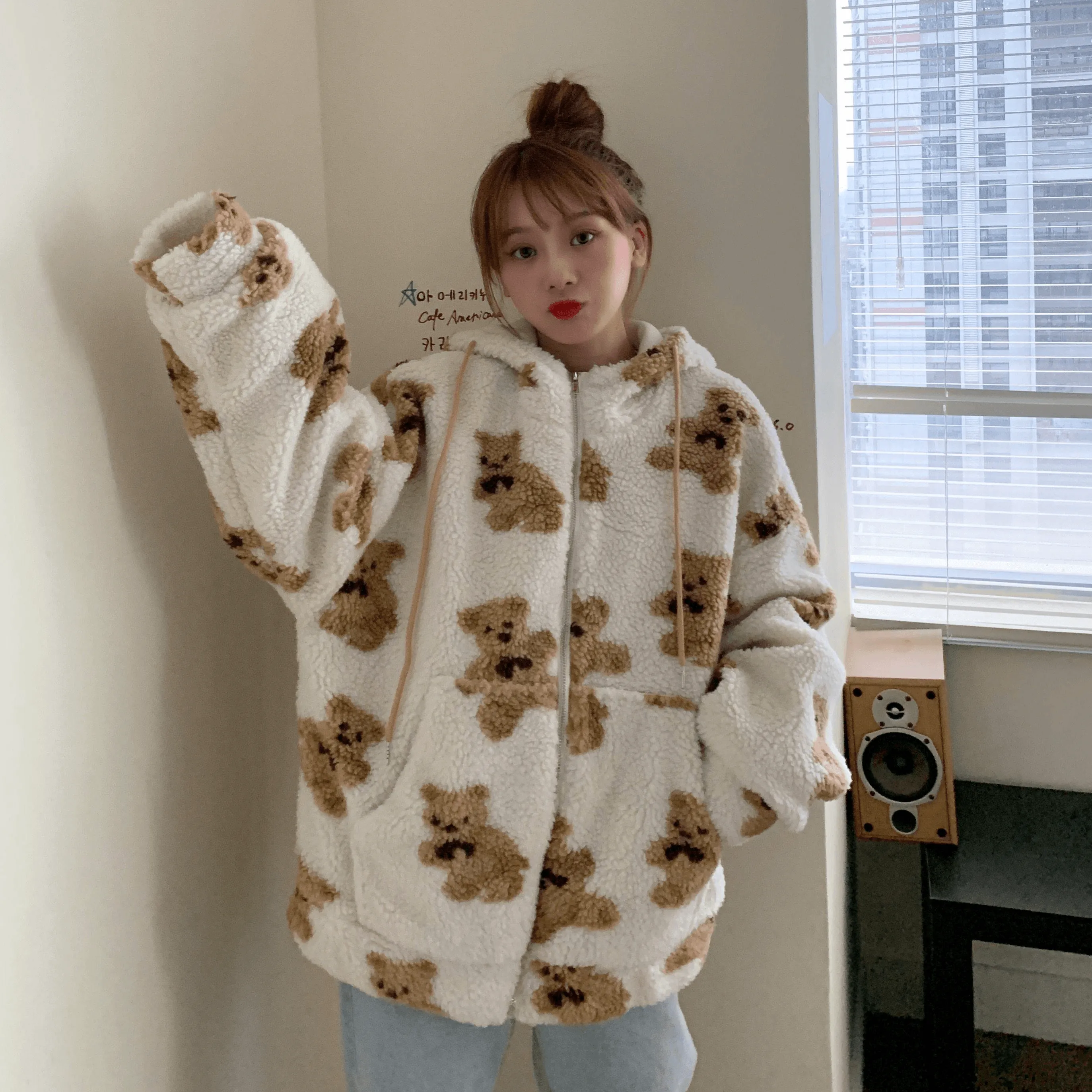 Girls Teddy Bear Zipped Fleece Fluffy Winter Women's Coat Cute Kawaii Cotton Rich Anime Cold Warm Thick Gift Teddy Jacket