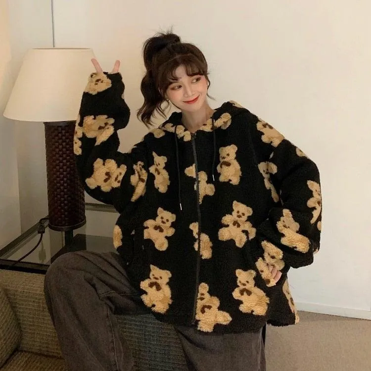 Girls Teddy Bear Zipped Fleece Fluffy Winter Women's Coat Cute Kawaii Cotton Rich Anime Cold Warm Thick Gift Teddy Jacket