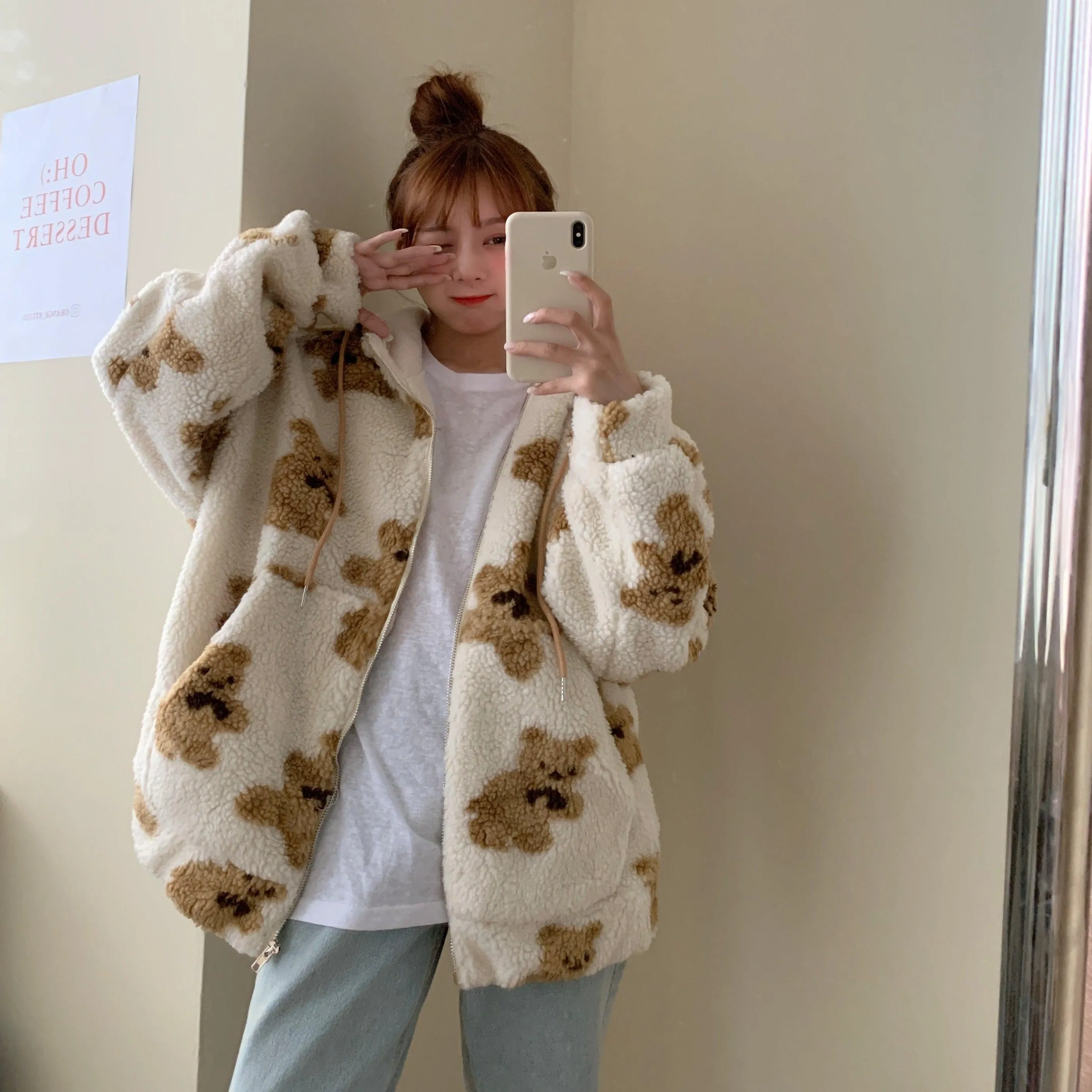 Girls Teddy Bear Zipped Fleece Fluffy Winter Women's Coat Cute Kawaii Cotton Rich Anime Cold Warm Thick Gift Teddy Jacket