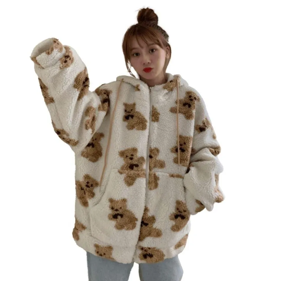 Girls Teddy Bear Zipped Fleece Fluffy Winter Women's Coat Cute Kawaii Cotton Rich Anime Cold Warm Thick Gift Teddy Jacket