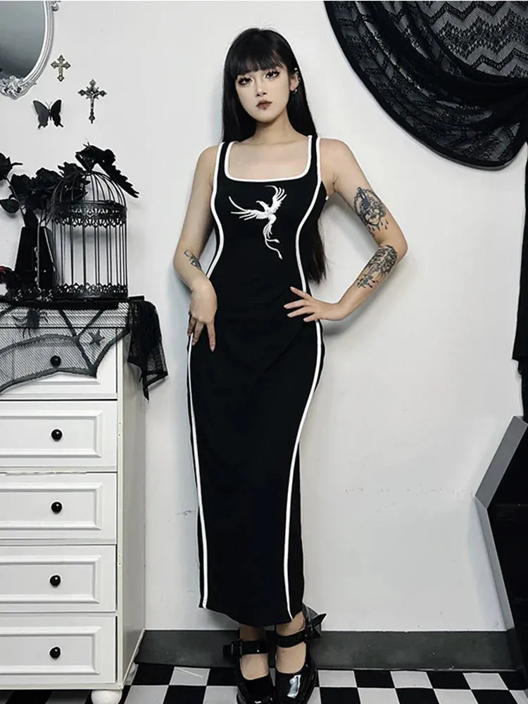 Gothic Embroidery Tank White Neck High Waist Square Sexy Sleeveless Bodycon Gown