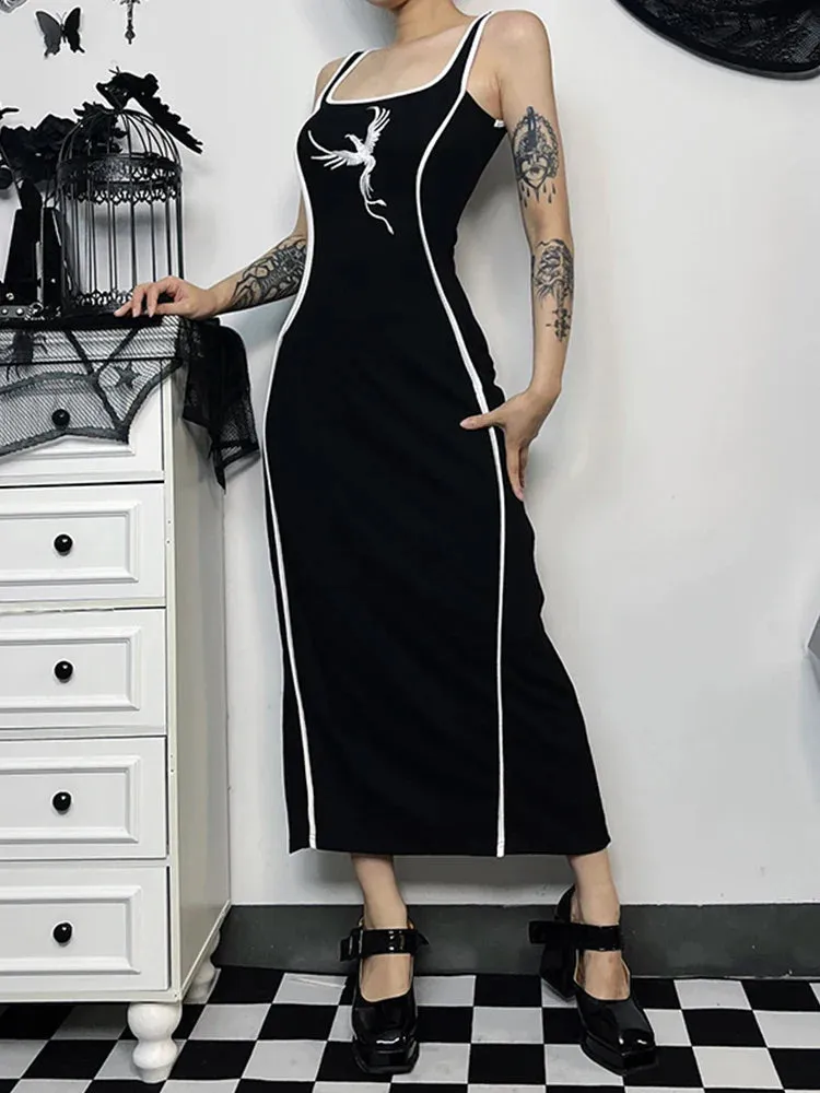 Gothic Embroidery Tank White Neck High Waist Square Sexy Sleeveless Bodycon Gown