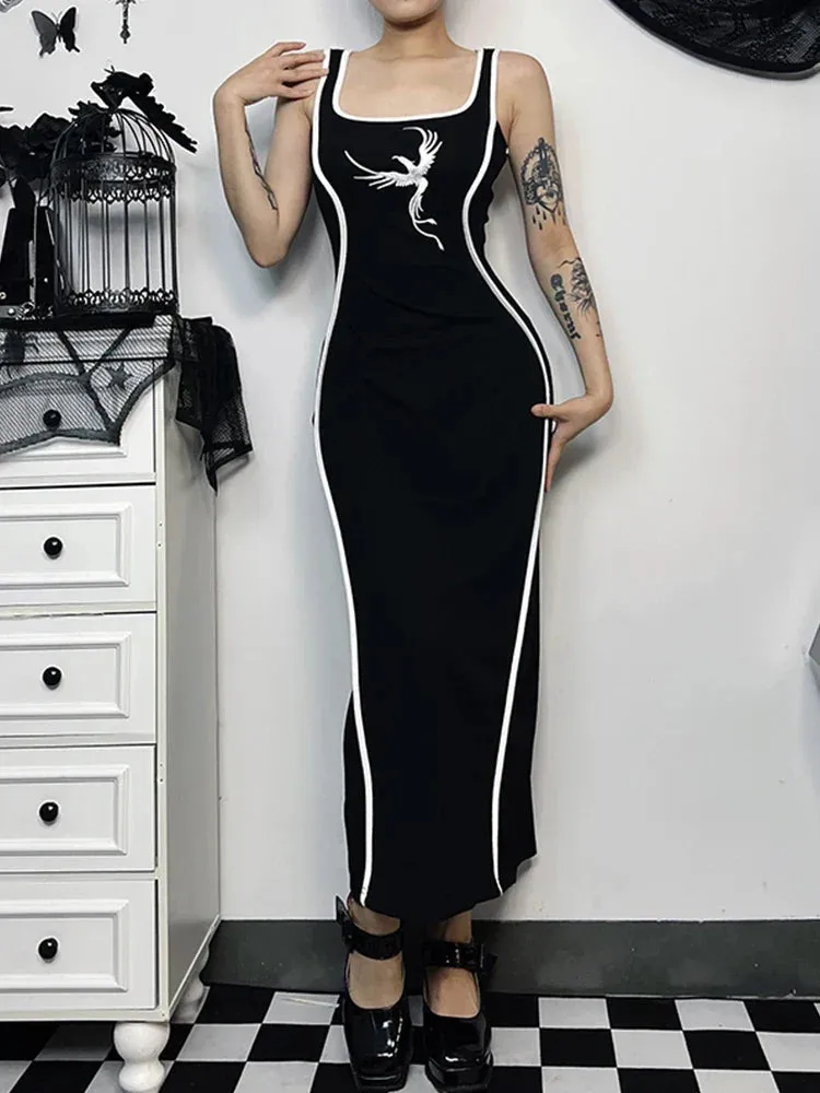 Gothic Embroidery Tank White Neck High Waist Square Sexy Sleeveless Bodycon Gown