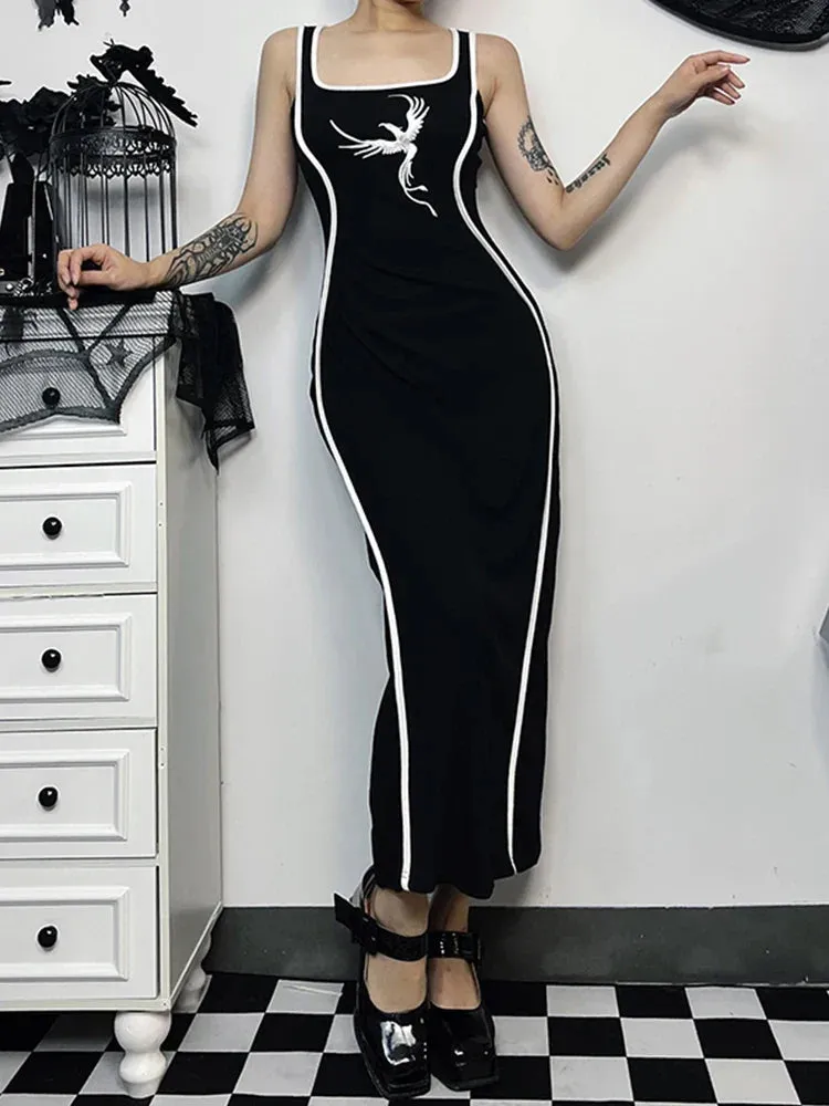 Gothic Embroidery Tank White Neck High Waist Square Sexy Sleeveless Bodycon Gown