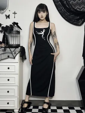 Gothic Embroidery Tank White Neck High Waist Square Sexy Sleeveless Bodycon Gown