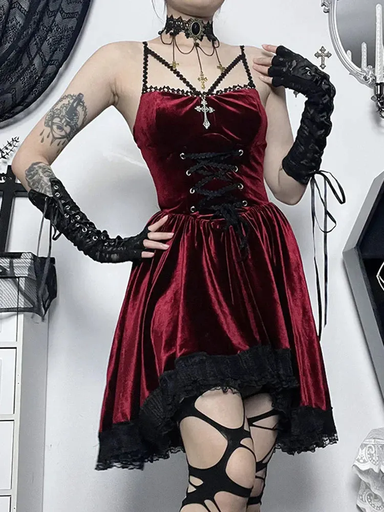 Gothic Up Romantic Fashion Strap Lace Spaghetti Vintage Casual Velvet Gown