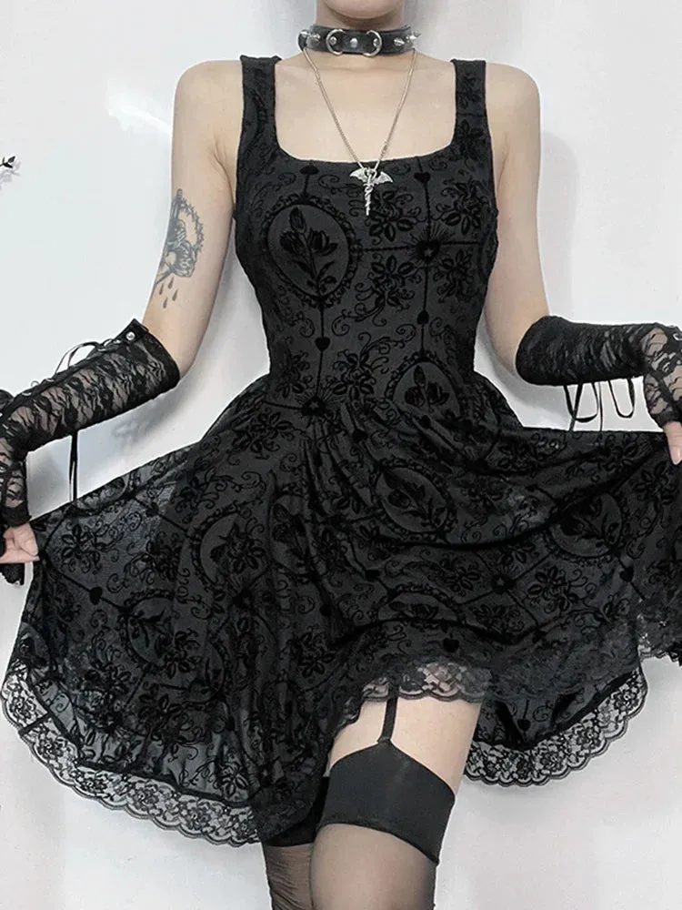 Gothic Vintage Bodycon Cami Lace Strap Draped Spaghetti Sleeveless Patchwork Gown