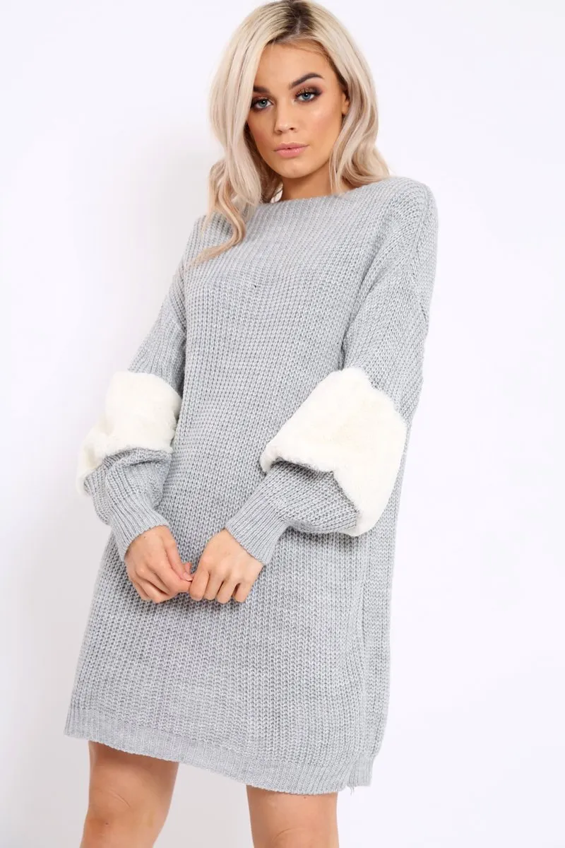 Grey Chunky Knit Fur Sleeve Jumper Dress - Jaycee