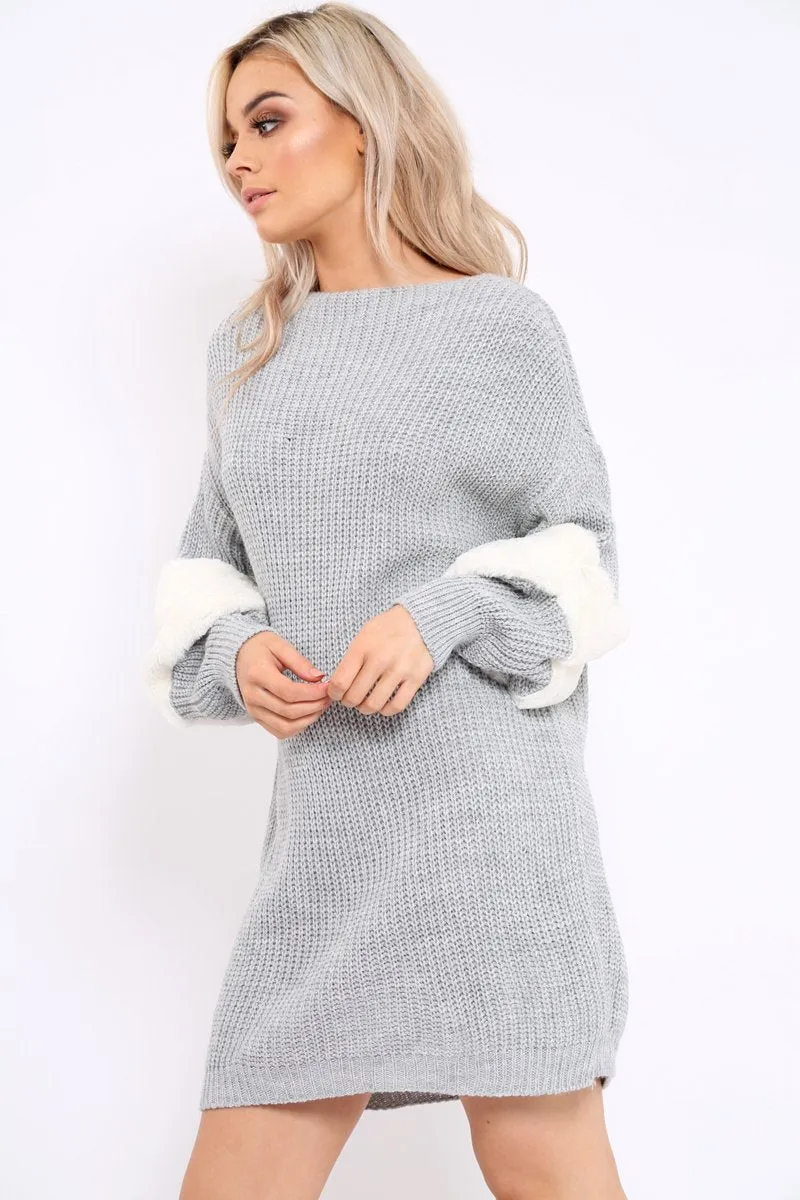 Grey Chunky Knit Fur Sleeve Jumper Dress - Jaycee