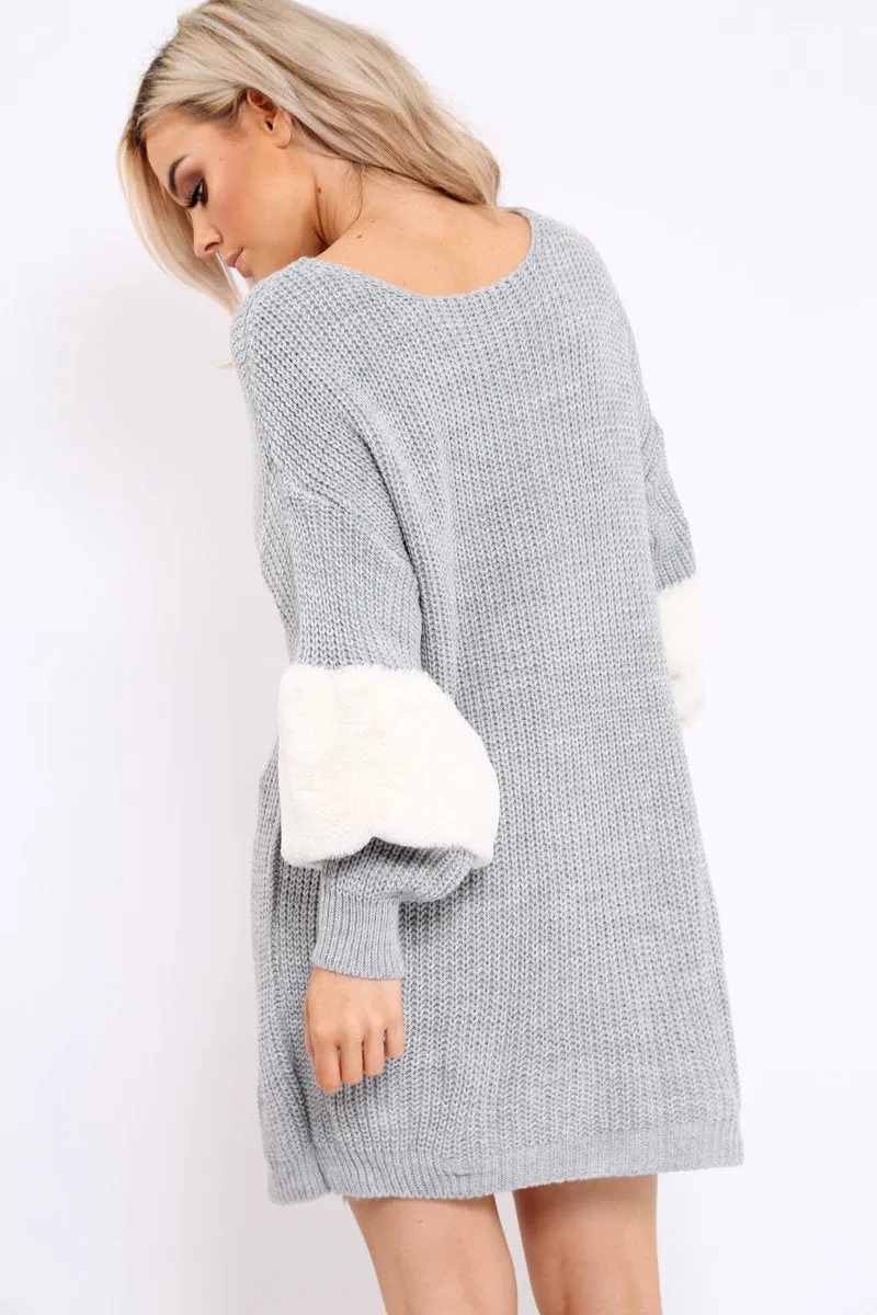 Grey Chunky Knit Fur Sleeve Jumper Dress - Jaycee