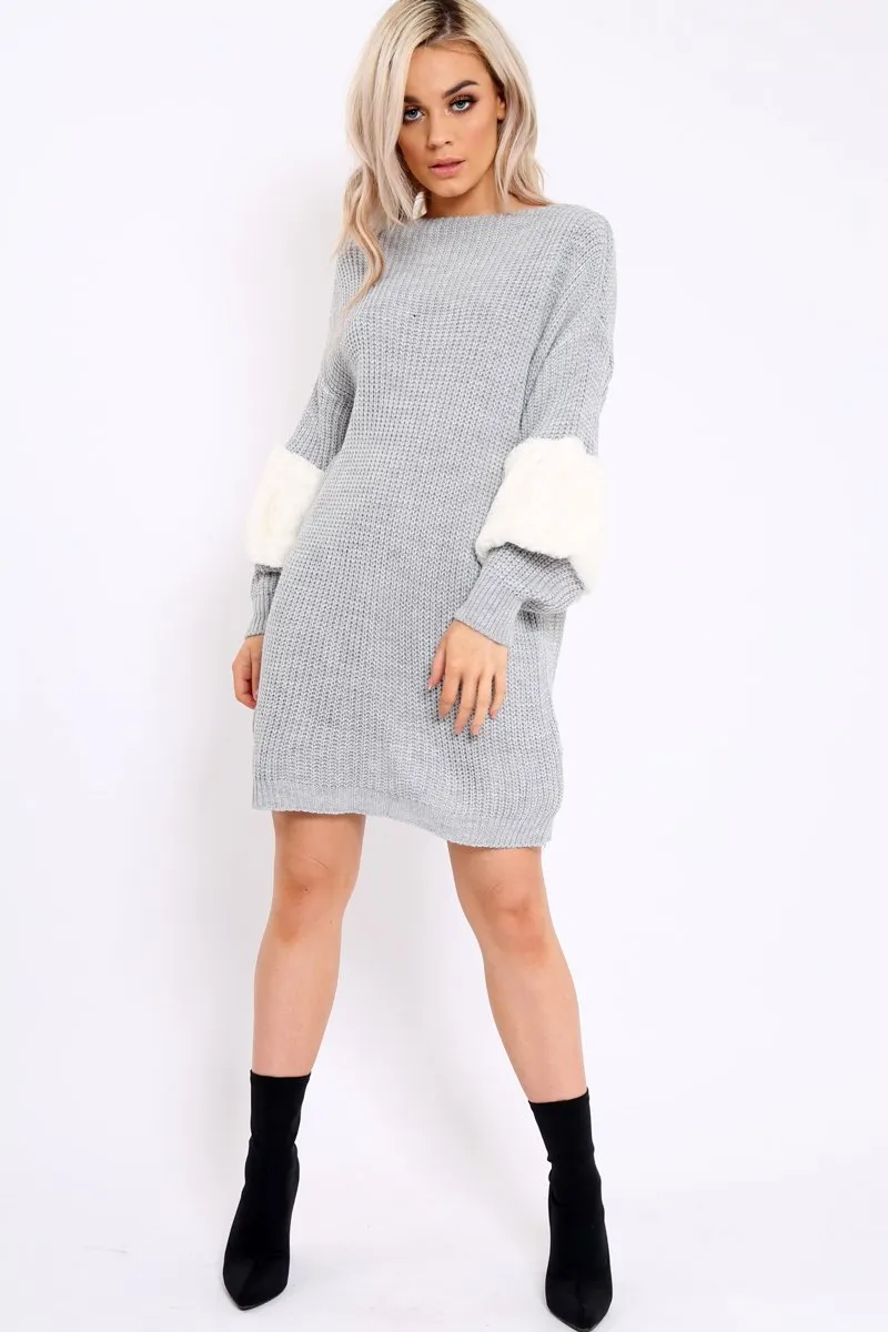 Grey Chunky Knit Fur Sleeve Jumper Dress - Jaycee