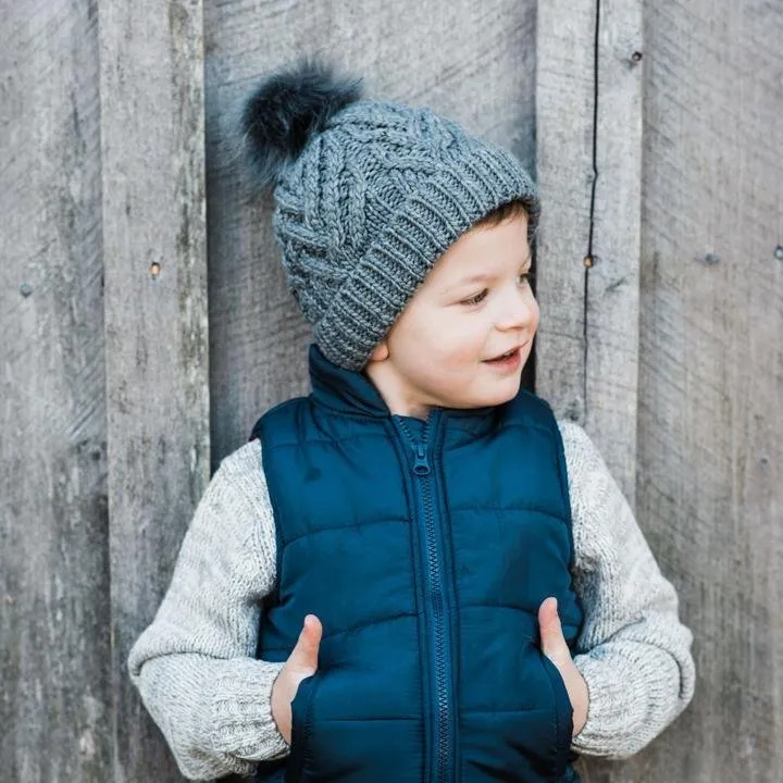 Grey Pop Pom Pom Beanie Hat  for Babies thru Adults