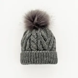 Grey Pop Pom Pom Beanie Hat  for Babies thru Adults