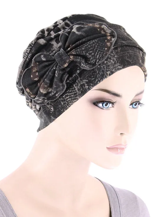 H121-BROWNGEO#Pleated Bow Cap Brown Geo Animal