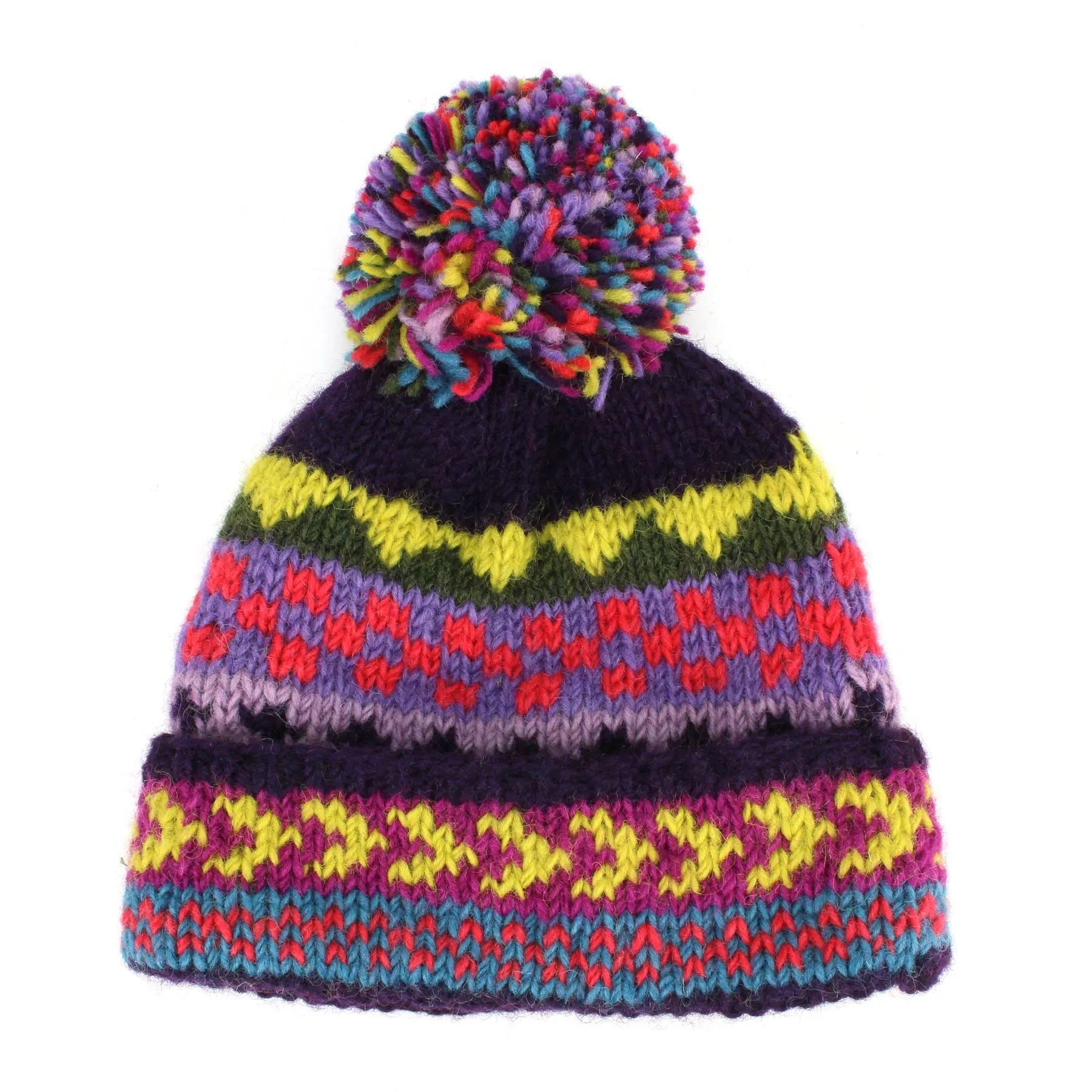 Hand Knitted Wool Beanie Bobble Hat - Chevron Purple