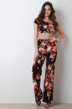 High Waisted Floral Decor Button Palazzo Pants