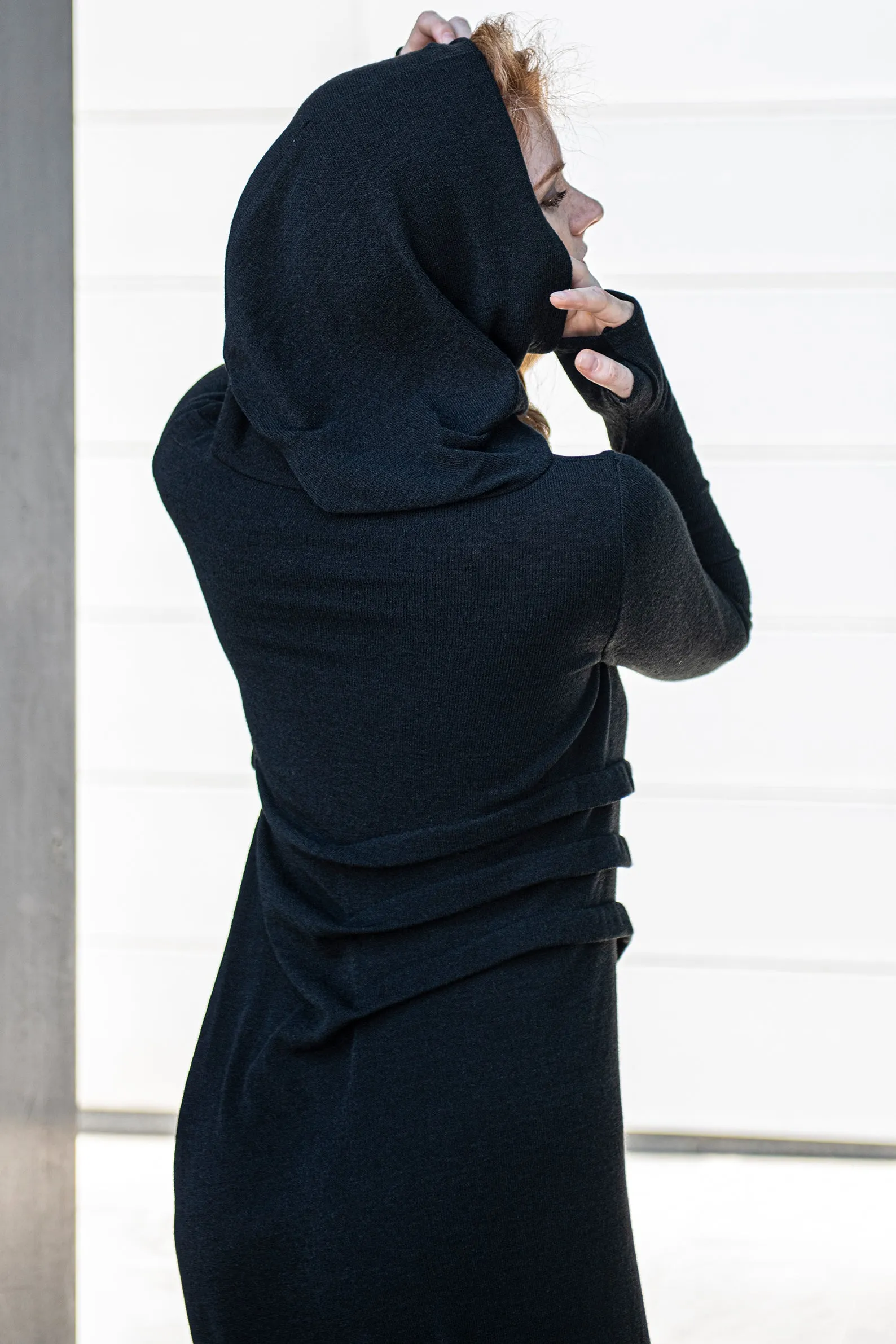 Hooded Knit Dress with Waist Accent