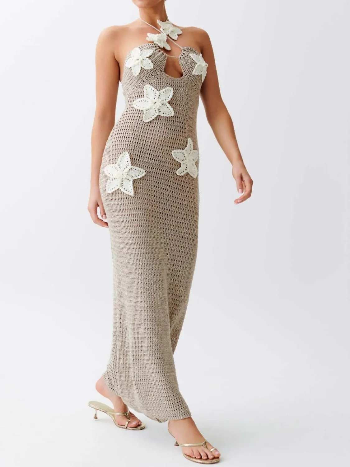 Hot Girl Crochet Flower Halter Neck Knit Maxi Dress