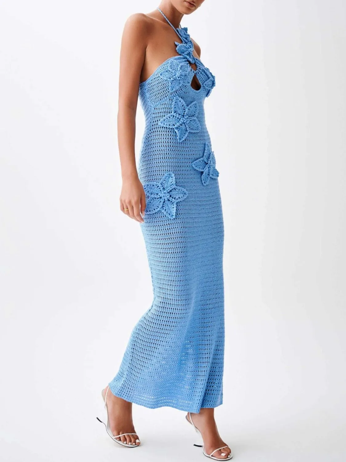 Hot Girl Crochet Flower Halter Neck Knit Maxi Dress