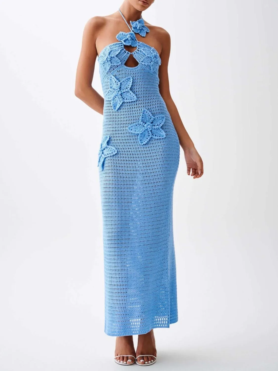 Hot Girl Crochet Flower Halter Neck Knit Maxi Dress