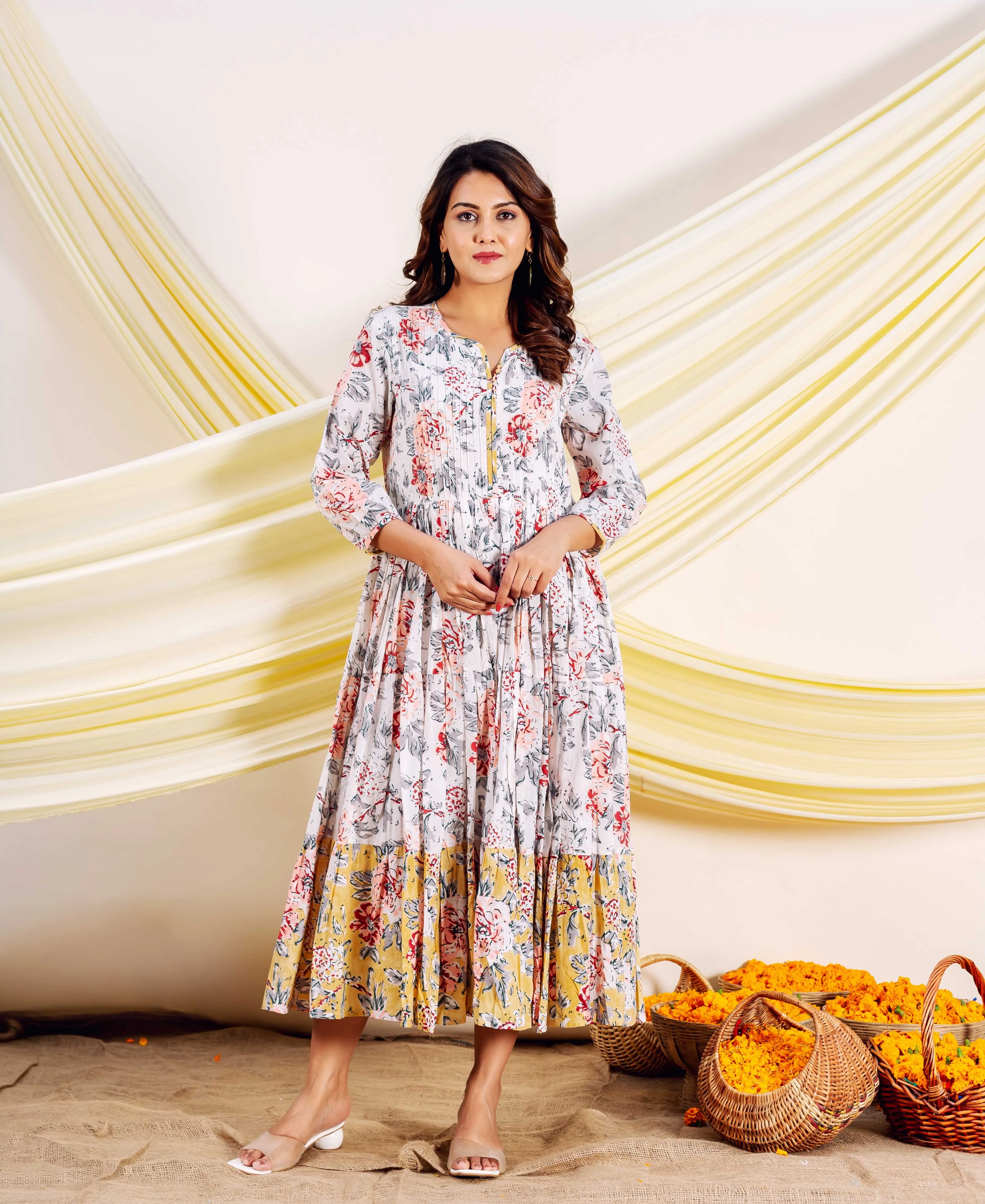 Ivory Petal Hand Block Printed Cotton Dress