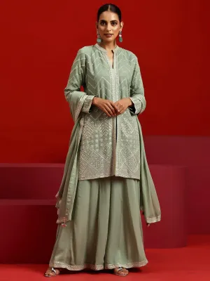 Jashvi Art Green Embroidered Georgette A-Line Kurta With Sharara & Dupatta