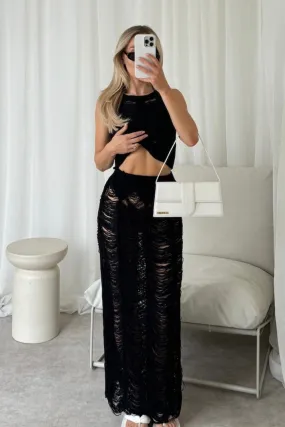 Juliet black knit ladder crop and maxi skirt co-ord