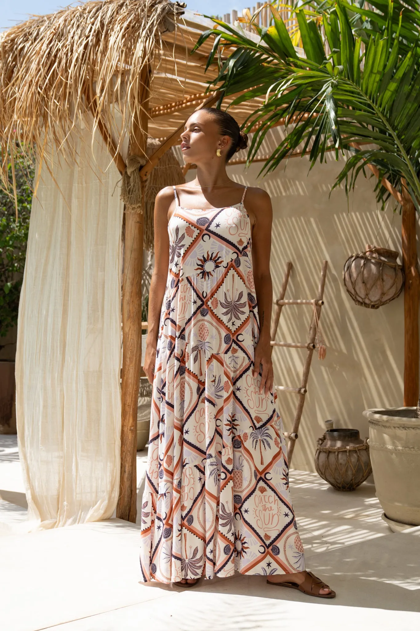 Kalani Brown Abstract Tile Tiered Maxi Dress