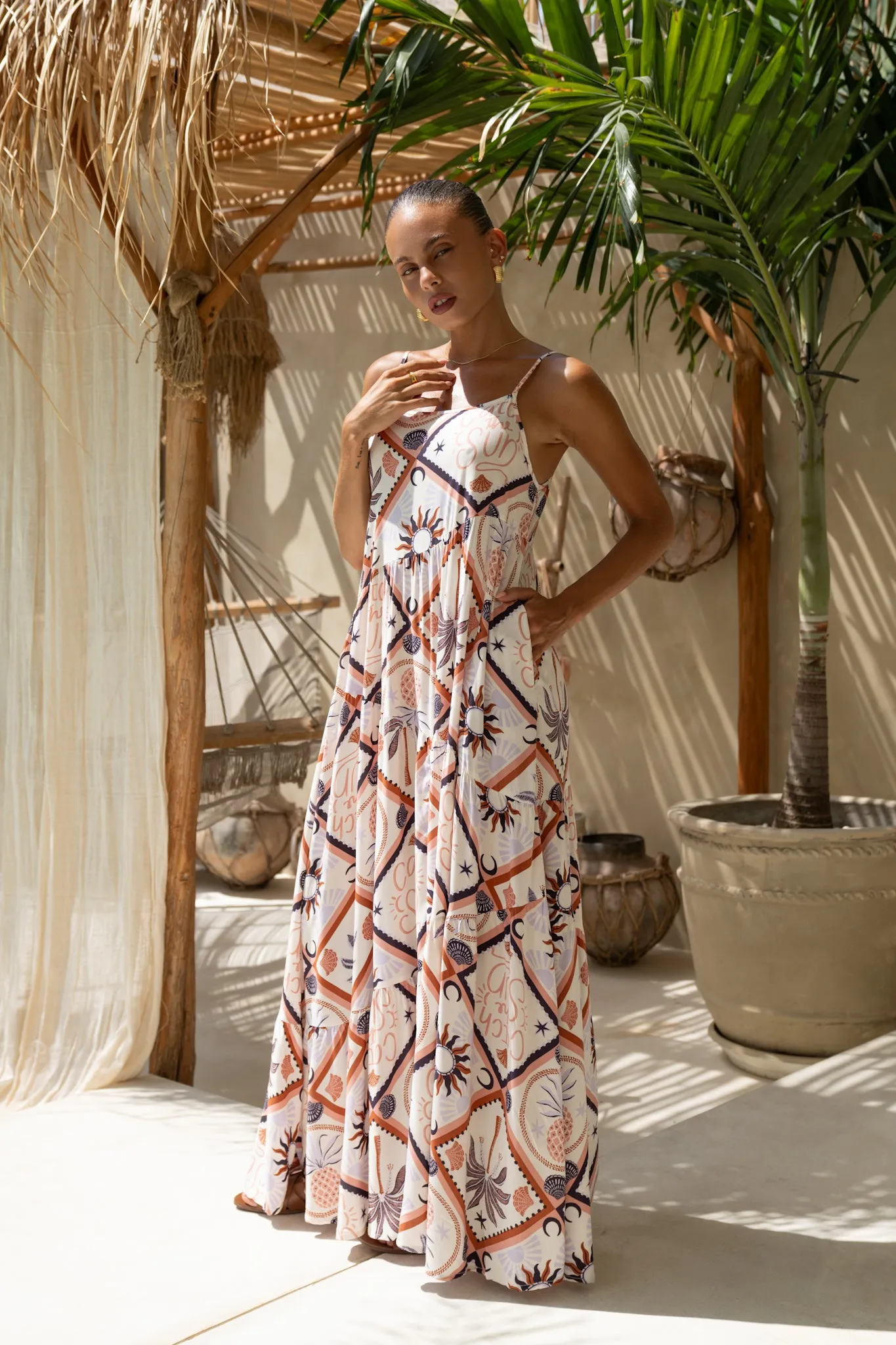 Kalani Brown Abstract Tile Tiered Maxi Dress