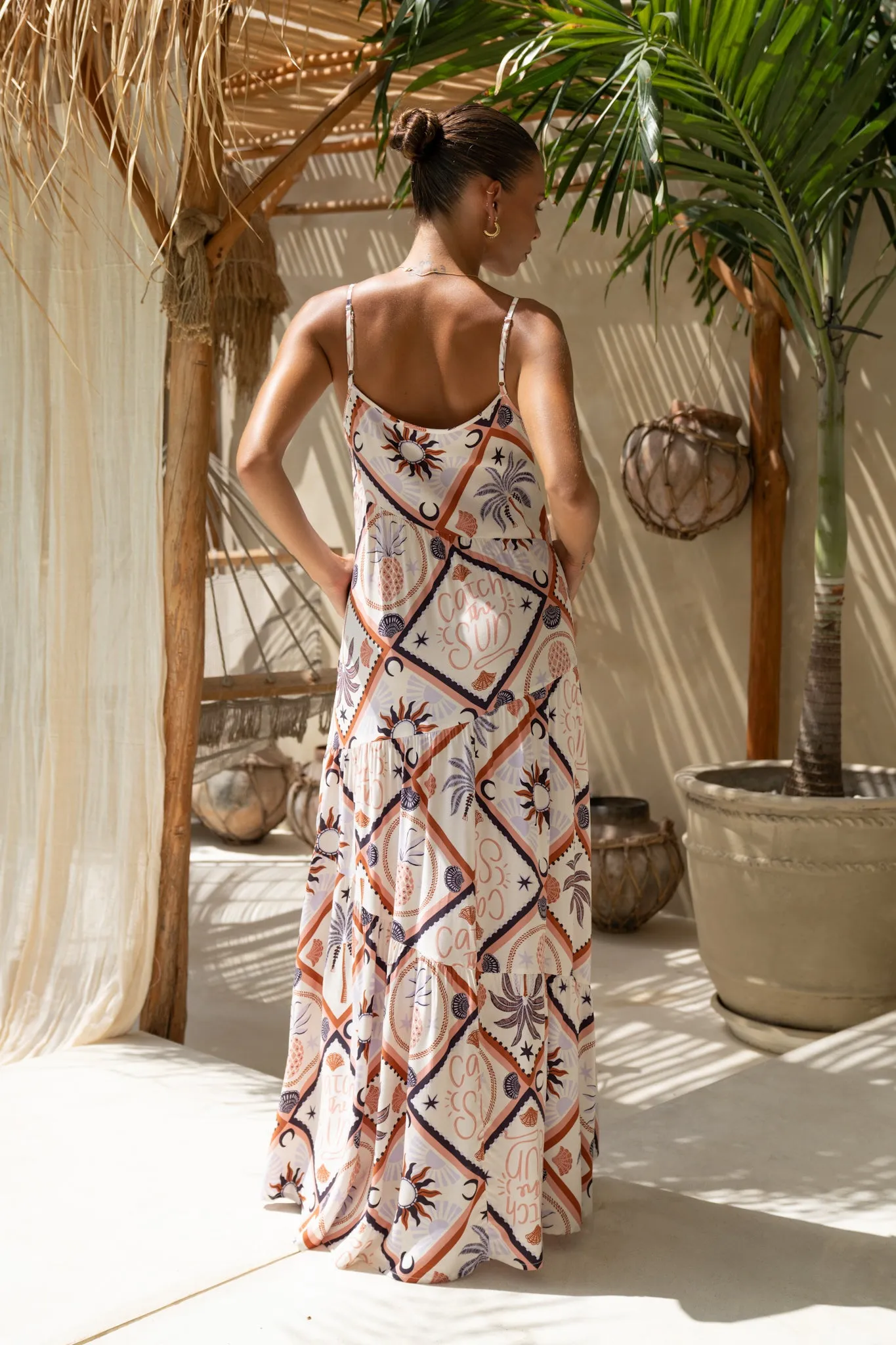 Kalani Brown Abstract Tile Tiered Maxi Dress