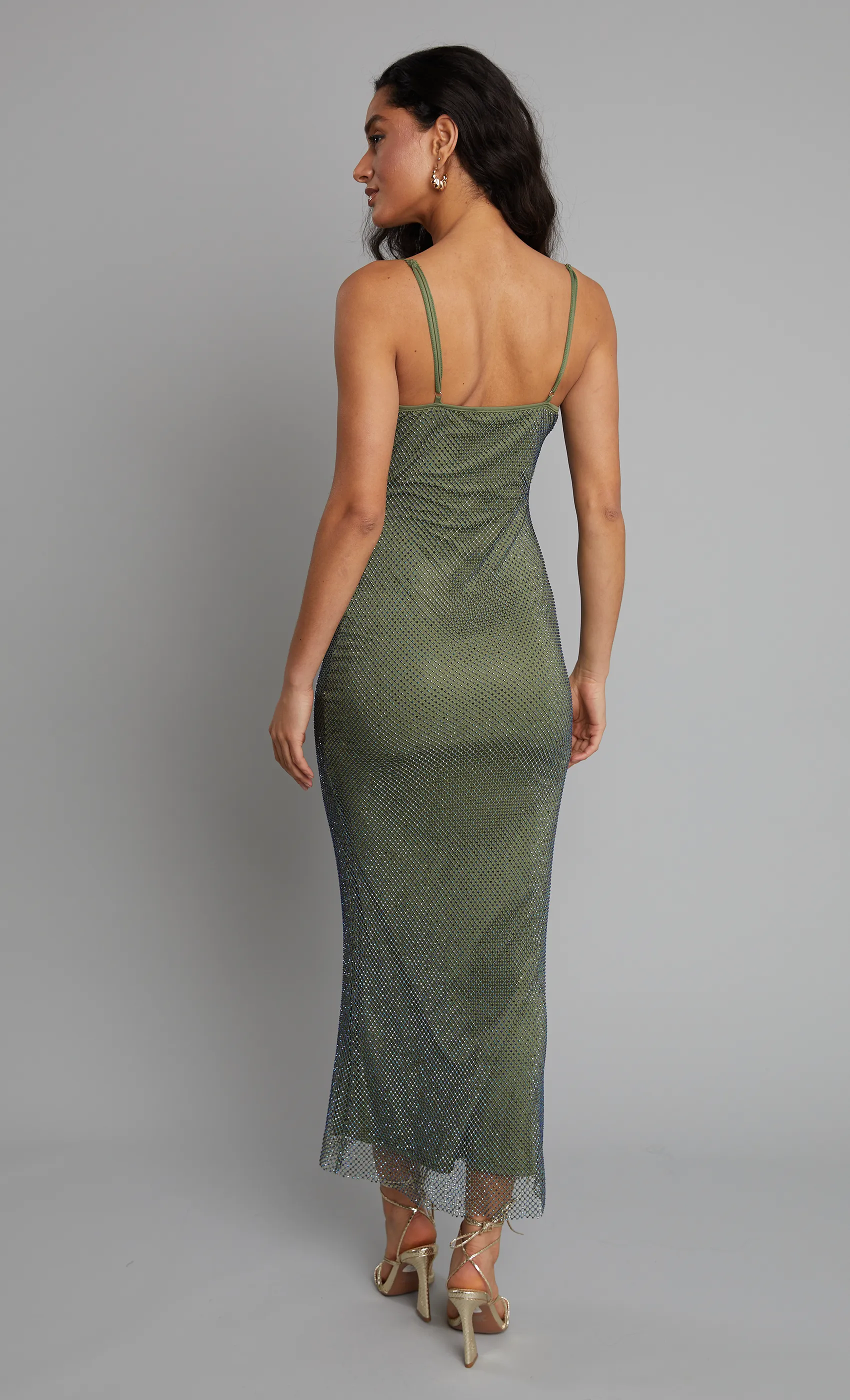 Khaki Diamante Mesh Maxi Dress