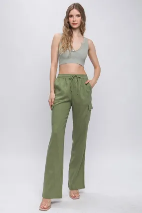 Khaki Linen Straight Leg Cargo Pants