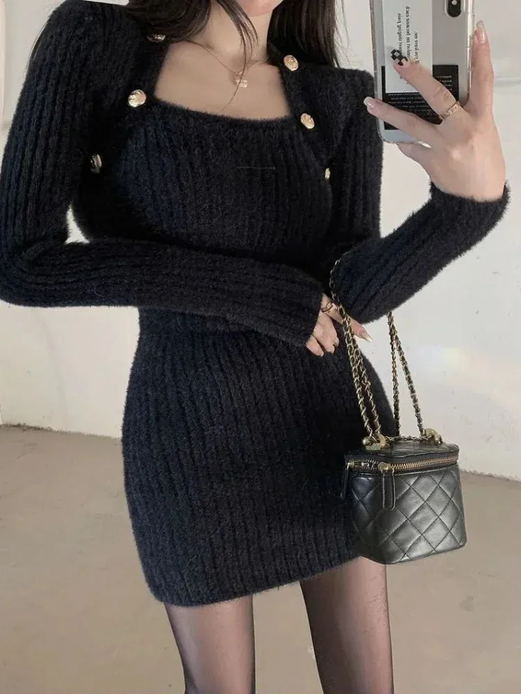 Knit Knitted Balck Bodycon Mini Dress Autumn Winter Korean Fashion Kpop Long Sleeve Short Dresses Streetwear