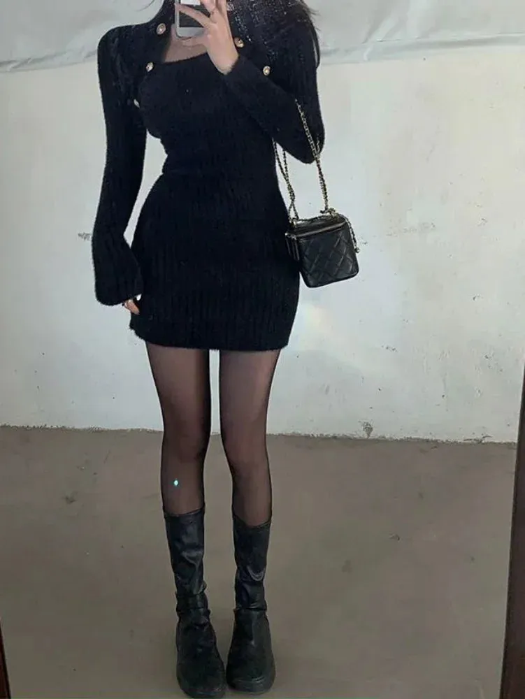 Knit Knitted Balck Bodycon Mini Dress Autumn Winter Korean Fashion Kpop Long Sleeve Short Dresses Streetwear