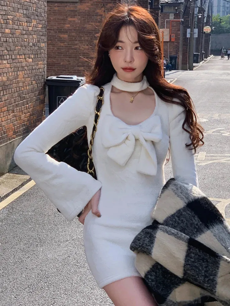 Knit Knitted Bodycon Dress Autumn Winter Sexy Wrap Slim Long Sleeve Mini Short Dresses Women Bow Outfits Female