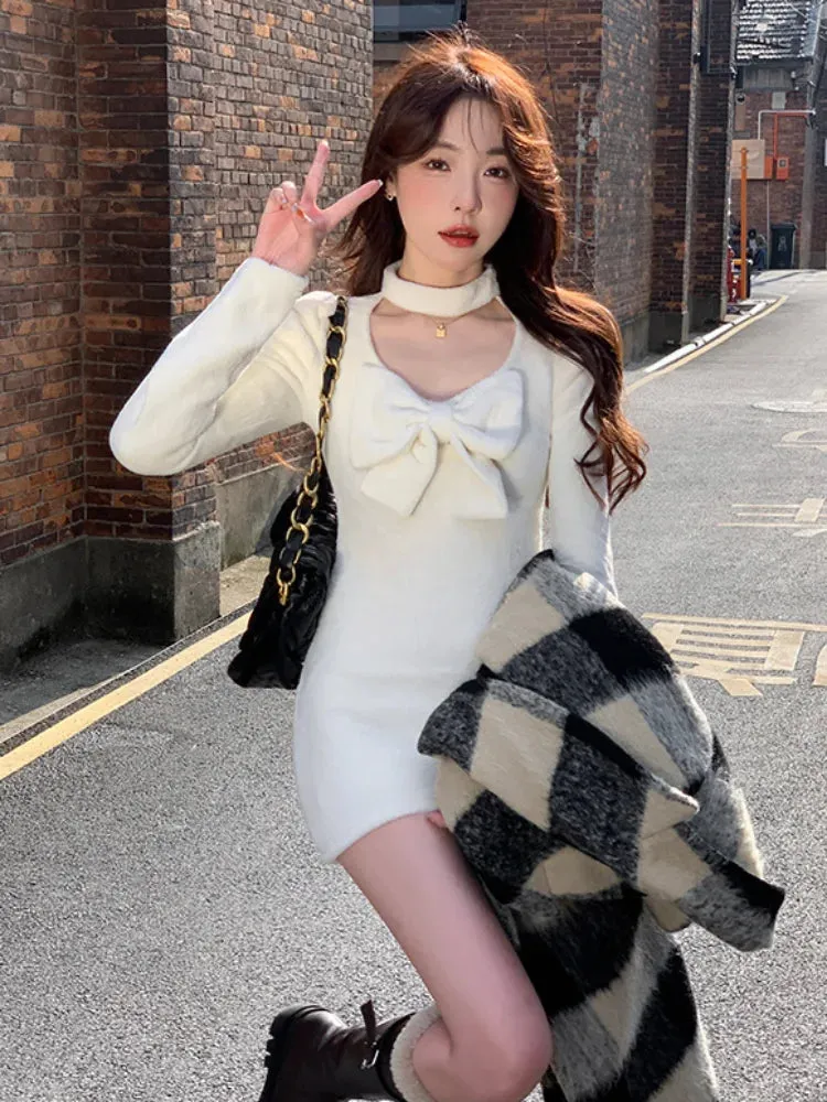 Knit Knitted Bodycon Dress Autumn Winter Sexy Wrap Slim Long Sleeve Mini Short Dresses Women Bow Outfits Female