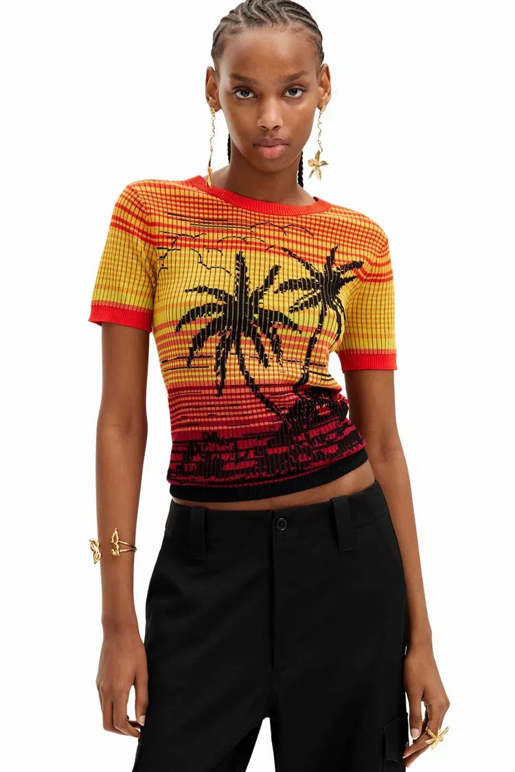 Knit Palm Tree Striped SS T-shirt