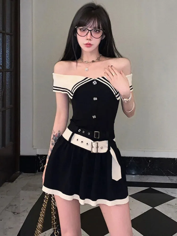 Knitted Knit Mini Dress Off Shoulder Elegant Korean Fashion Kpop Streetwear Short Dresses with Belt Autumn