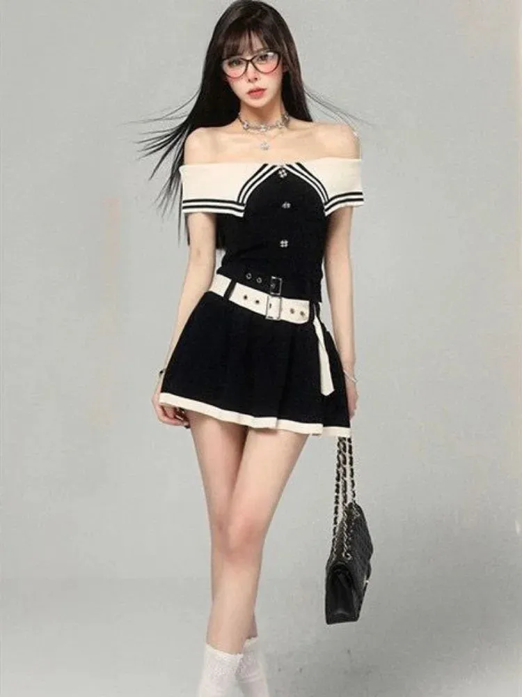 Knitted Knit Mini Dress Off Shoulder Elegant Korean Fashion Kpop Streetwear Short Dresses with Belt Autumn