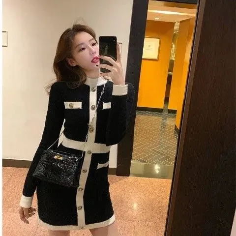 Korean Style Knitted Dress Winter White Women Knit Bodycon Dress Elegant Long Sleeve Dress Knitwear For Women