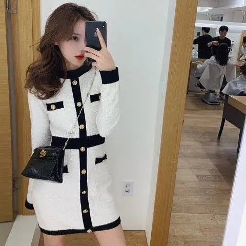 Korean Style Knitted Dress Winter White Women Knit Bodycon Dress Elegant Long Sleeve Dress Knitwear For Women